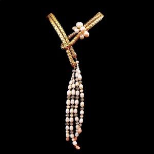 Unique  Neckless , leather , natural pearls & crystals .